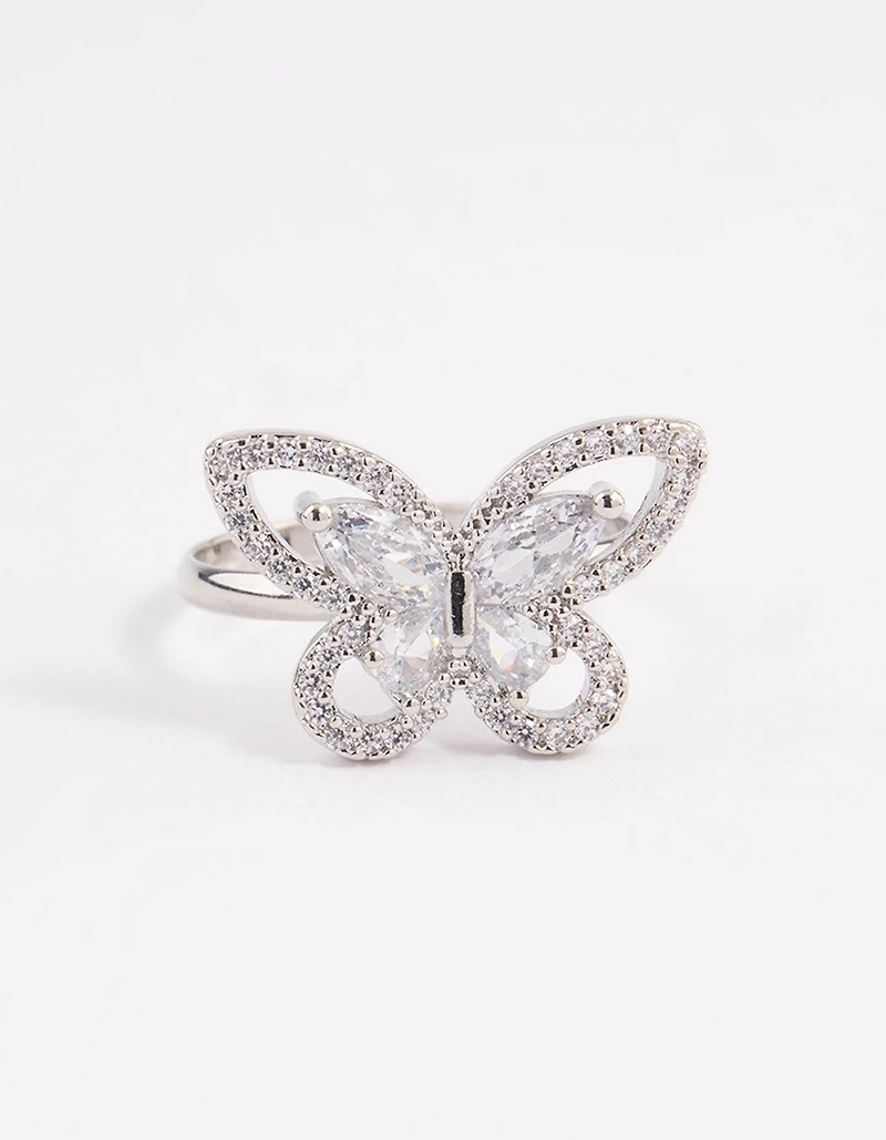 Anneau cocktail papillon pétillant au rhodium