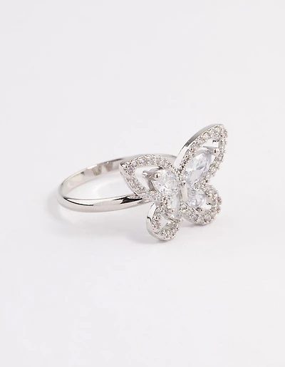 Anneau cocktail papillon pétillant au rhodium