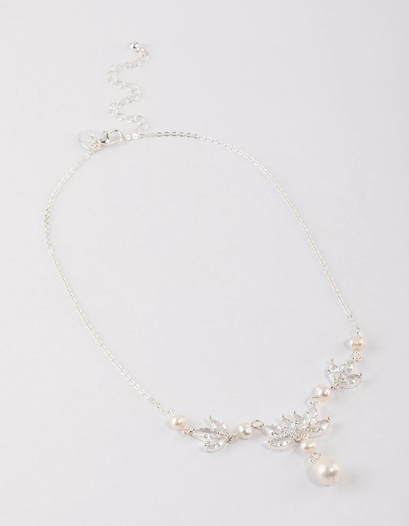 Silver Plated Cubic Zirconia Leaf Freshwater Pearl Y-Necklace