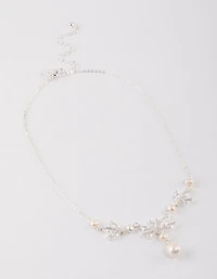Silver Plated Cubic Zirconia Leaf Freshwater Pearl Y-Necklace