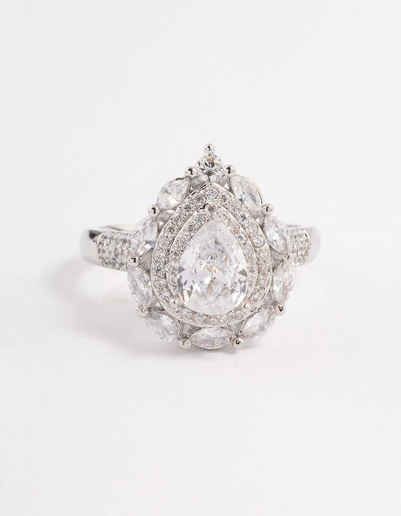 Silver Flare Pear Cubic Zirconia Ring
