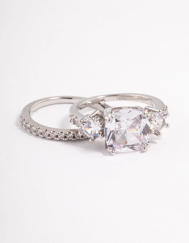 Ensemble d’anneaux triple en pierre au rhodium