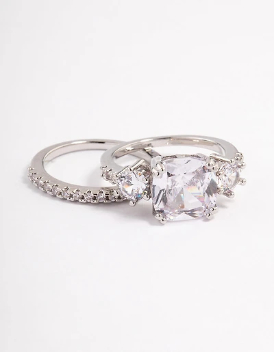 Ensemble d’anneaux triple en pierre au rhodium