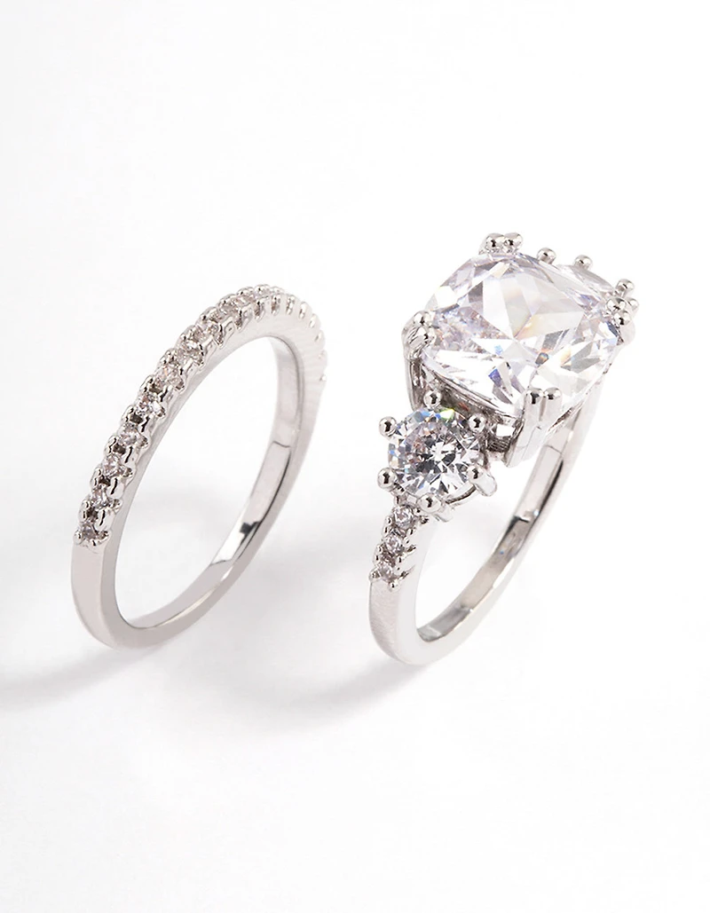 Ensemble d’anneaux triple en pierre au rhodium