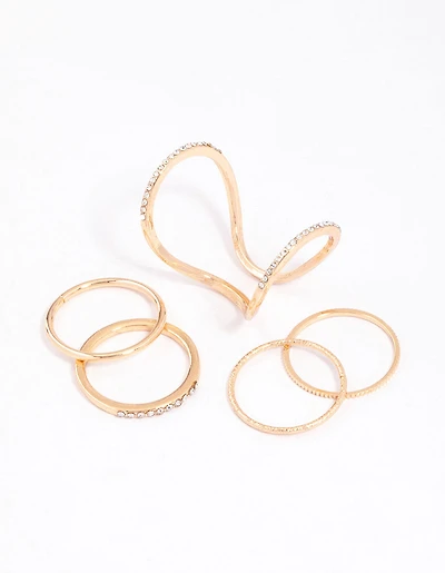 Gold Fine Diamante Double Ring Pack