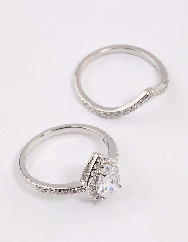 Anneau en cristal de poire couronnée Rhodium