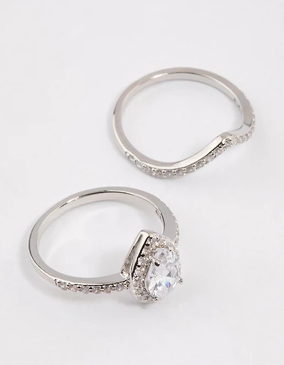 Anneau en cristal de poire couronnée Rhodium