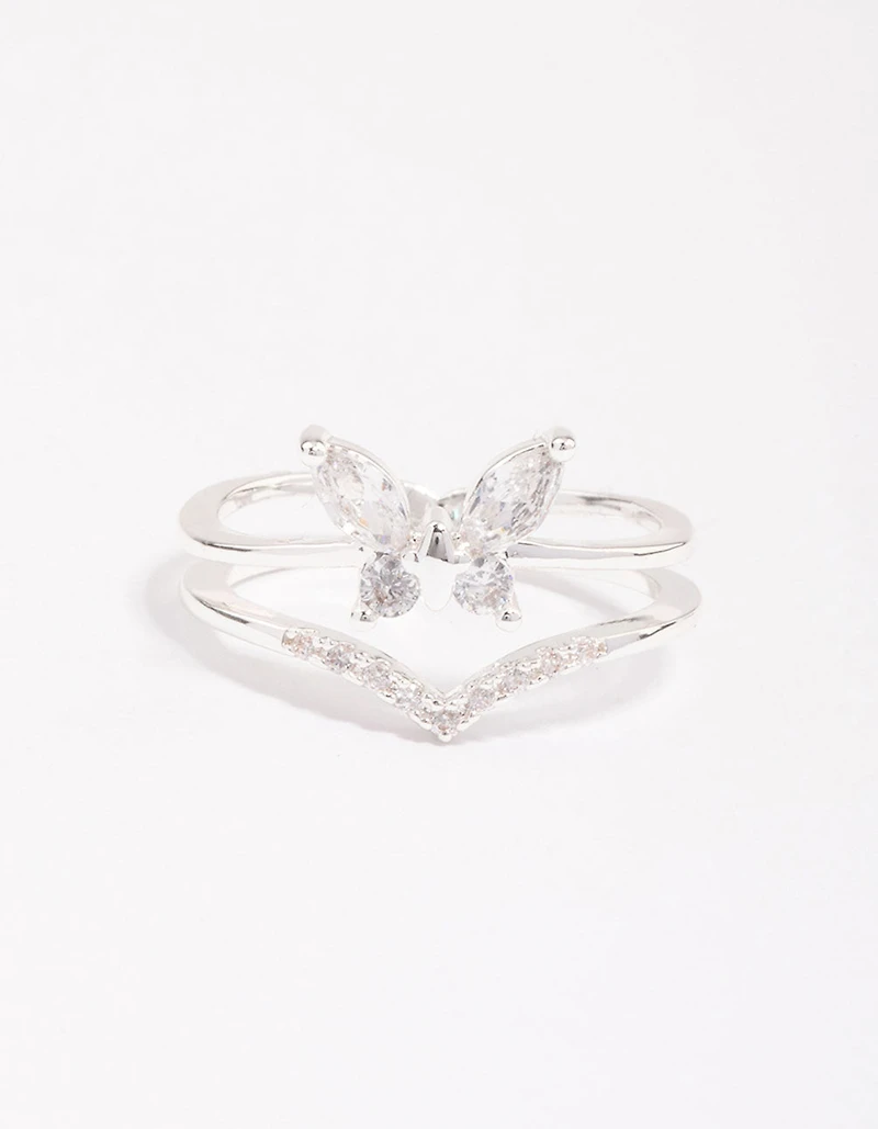 Silver Plated Cubic Zirconia Butterfly Double Band Ring