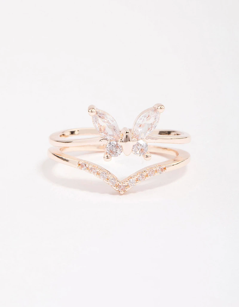 Rose Gold Plated Cubic Zirconia Butterfly Double Band Ring
