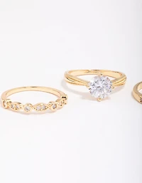 Gold Plated Cubic Zirconia Round Stone Ring Pack