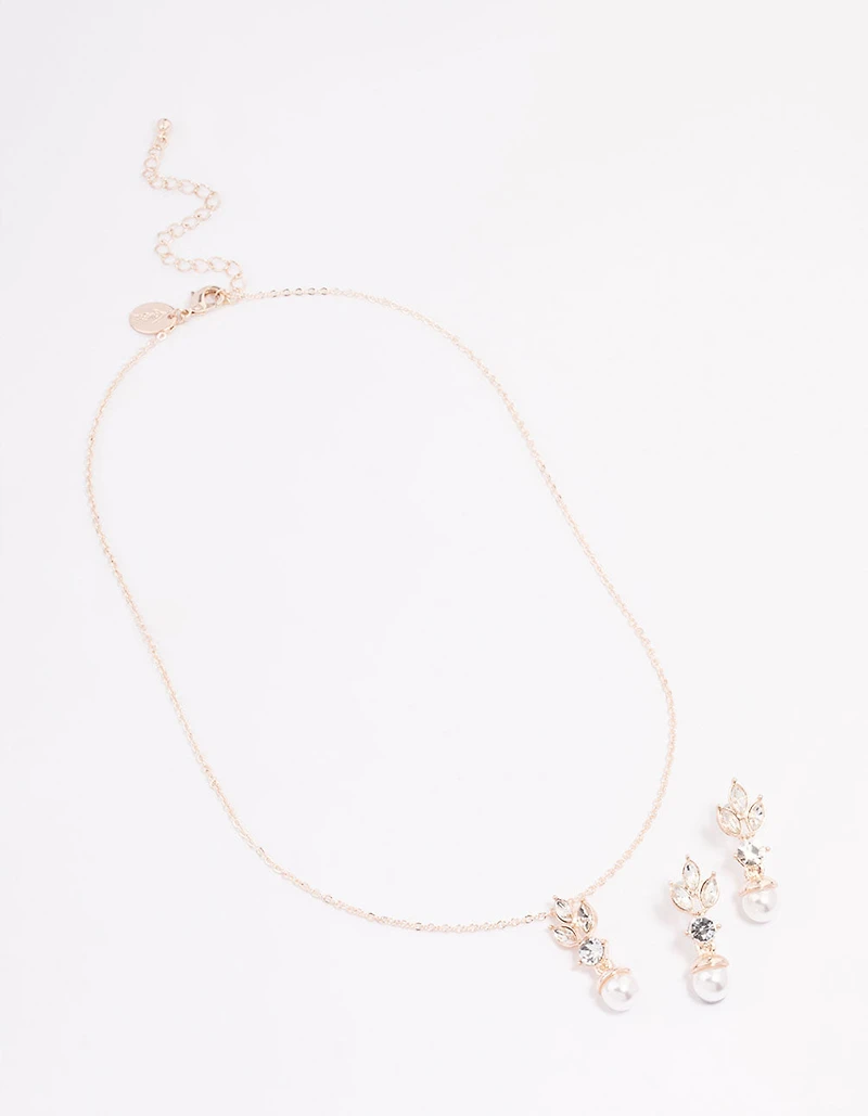 Rose Gold Leafy Diamante & Pearl Jewellery Set