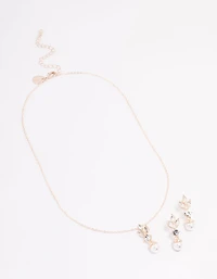 Rose Gold Leafy Diamante & Pearl Jewellery Set