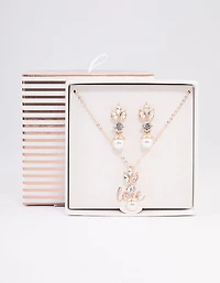 Rose Gold Leafy Diamante & Pearl Jewellery Set