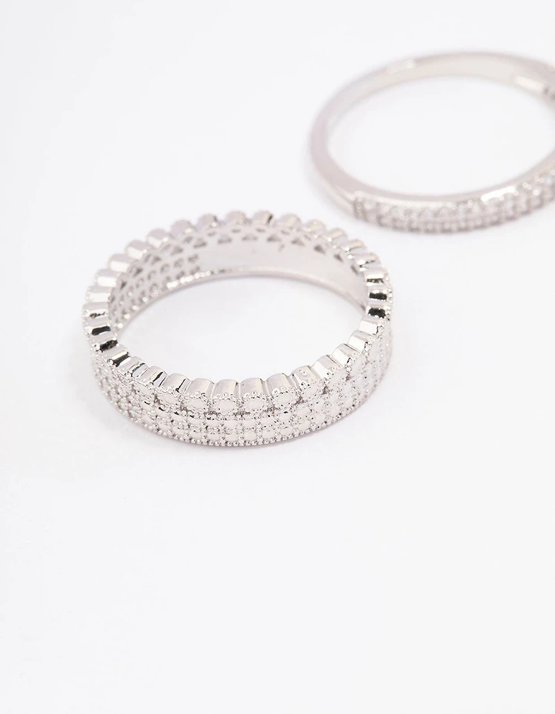 Rhodium Cubic Zirconia Double Band Stack Ring