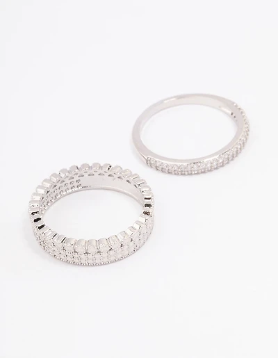 Rhodium Cubic Zirconia Double Band Stack Ring