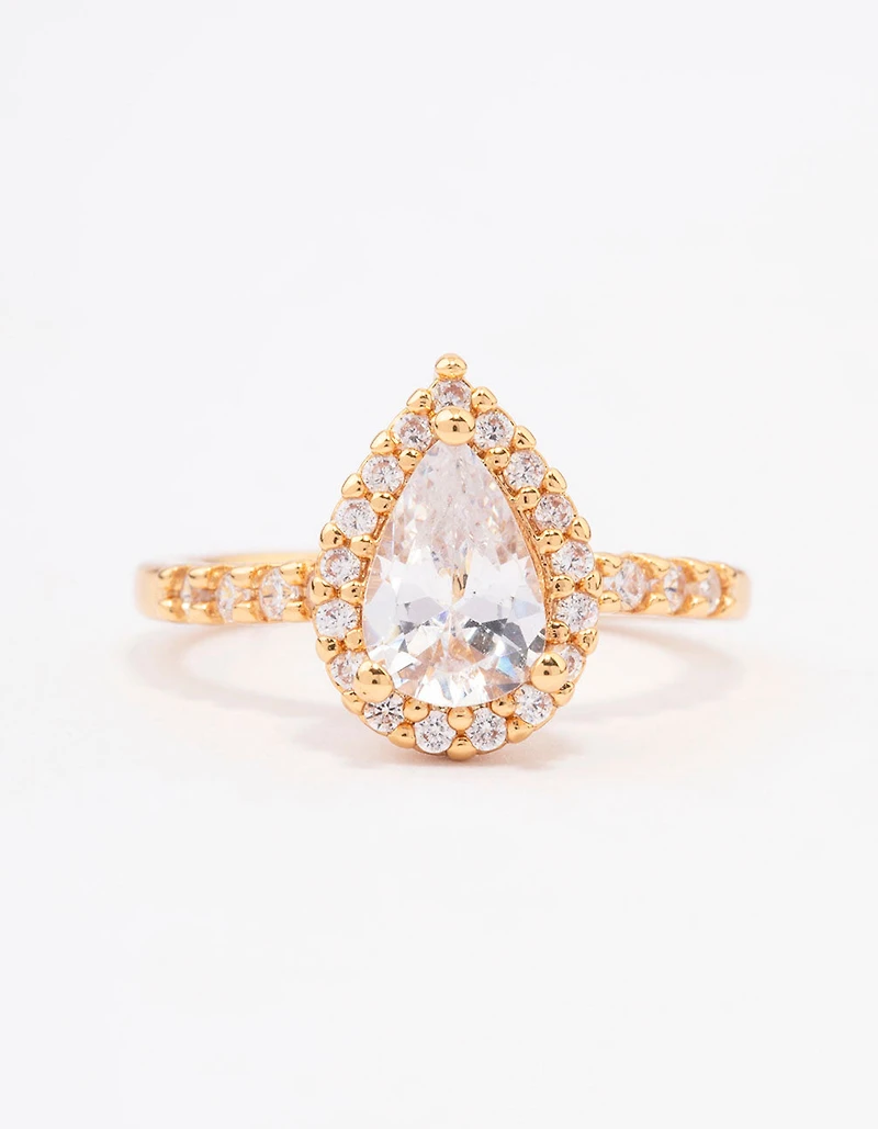 Gold Plated Classic Pear Cubic Zirconia Engagement Ring