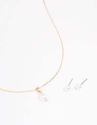 Gold Pearl Stud Earring & Necklace Set