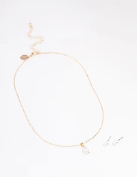 Gold Pearl Stud Earring & Necklace Set