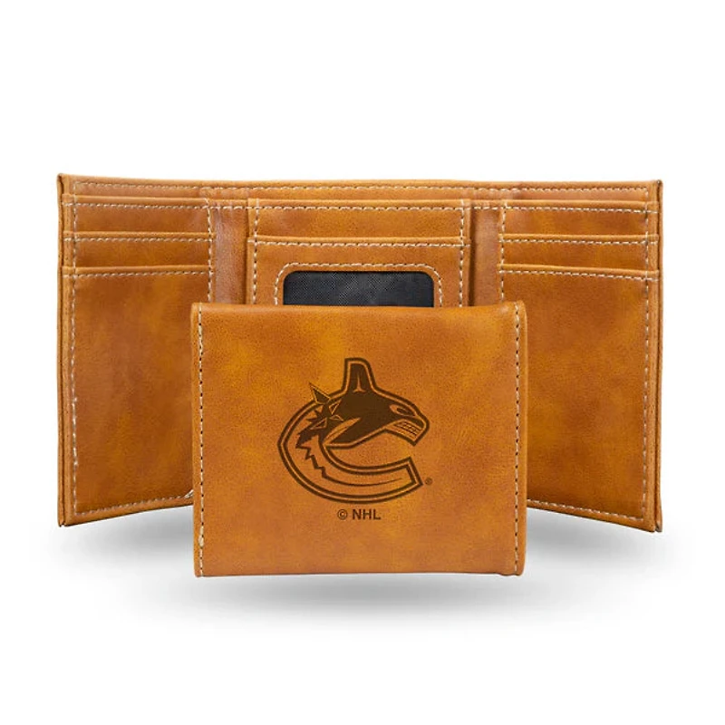 NHL Wallet Leather Laser Engraved Tri-Fold Canucks (Brown)