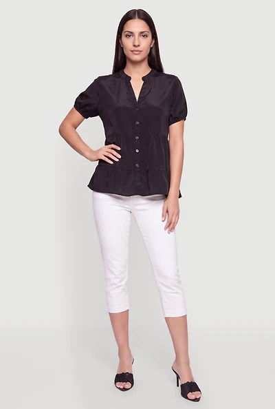 Notch Neck Tiered Button Front Top