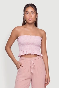 Striped Ruffle Hem Smocked Tube Crop Top
