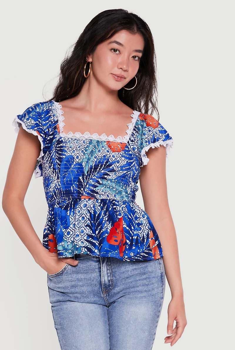 Tropical Printed Smocked Peplum Top