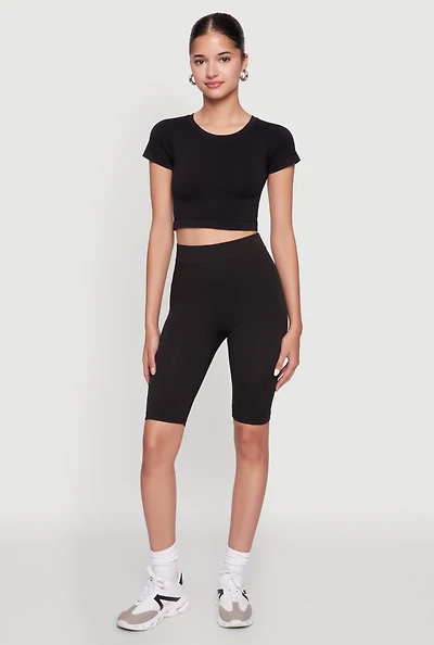 Womens Seamless Crew Neck Cropped Top, Black, Size M-L