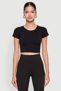 Womens Seamless Crew Neck Cropped Top, Black, Size M-L