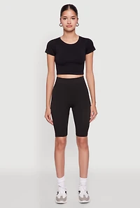 Womens Seamless Crew Neck Cropped Top, Black, Size M-L
