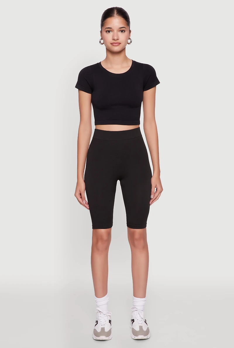 Womens Seamless Crew Neck Cropped Top, Black,