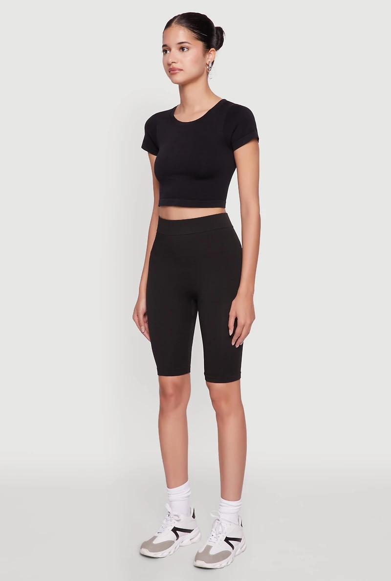 Womens Seamless Crew Neck Cropped Top, Black,