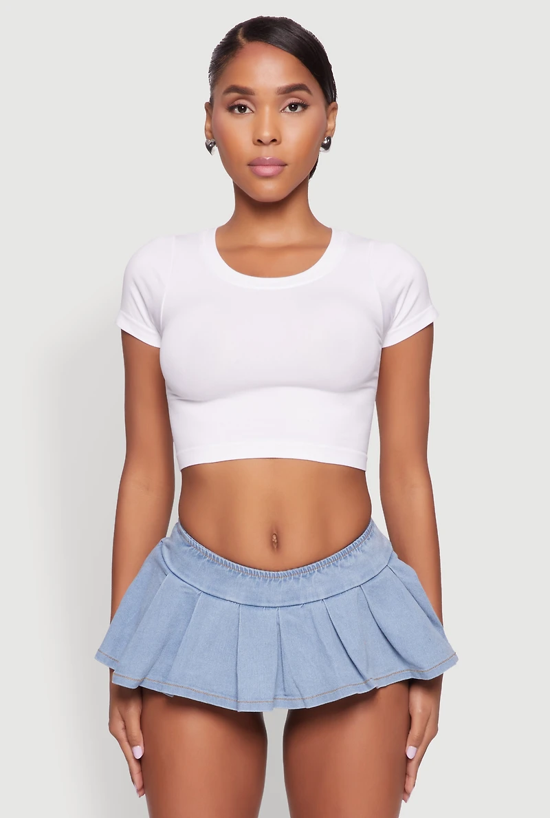 Womens Seamless Crew Neck Cropped Top, White, Size S-M