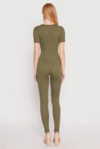 Womens Ribbed Knit Short Sleeve V Neck Jumpsuit, Green, Size M