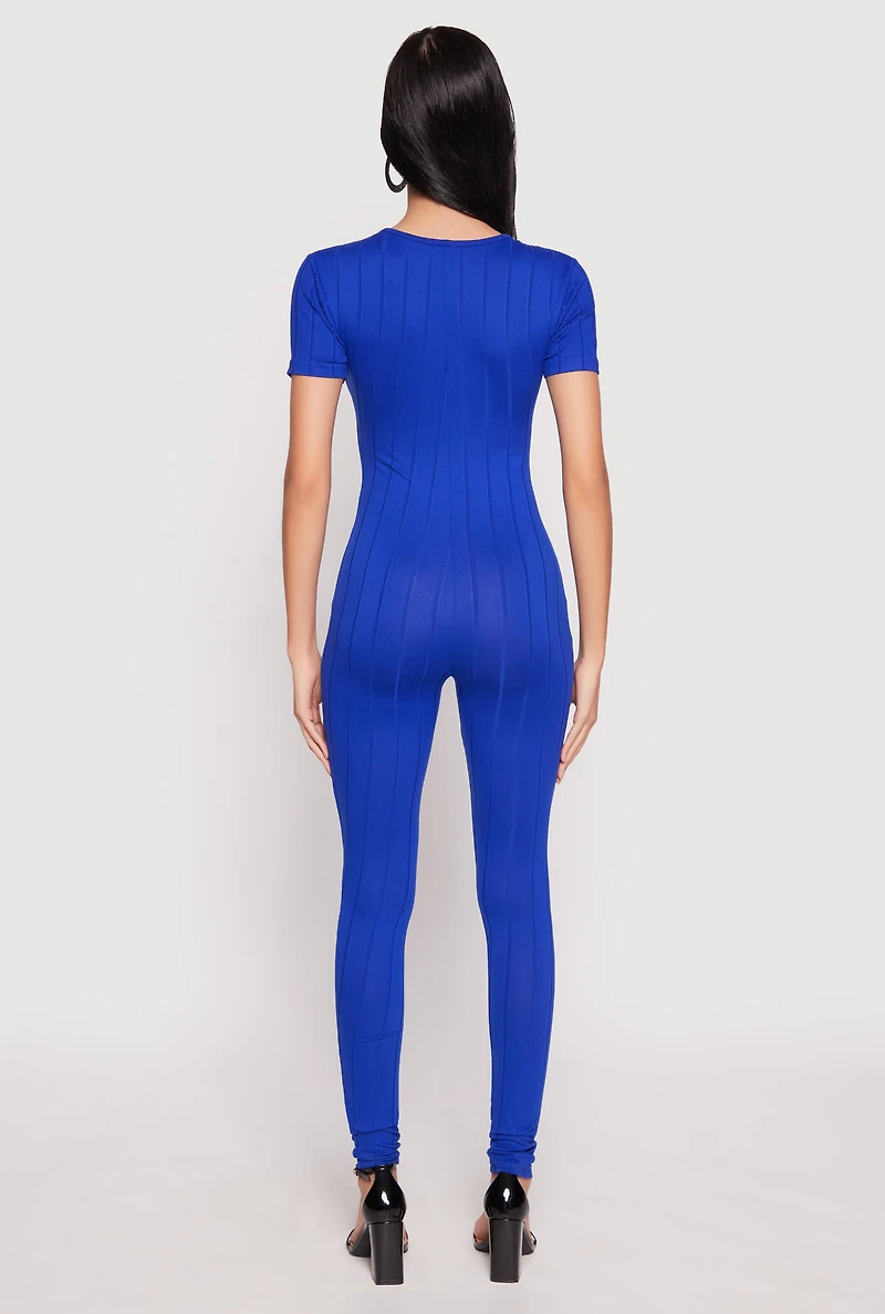 Ribbed Knit Short Sleeve V Neck Jumpsuit