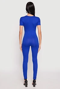 Ribbed Knit Short Sleeve V Neck Jumpsuit