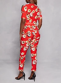 Womens Patterned Cold Shoulder Jumpsuit, Red, Size M