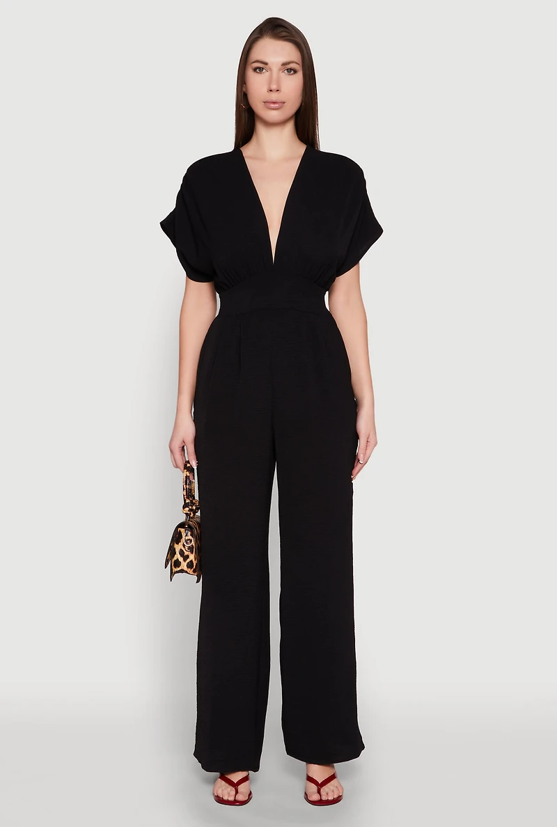 Womens Airy Dolman Sleeve Plunge Jumpsuit, Black, Size S