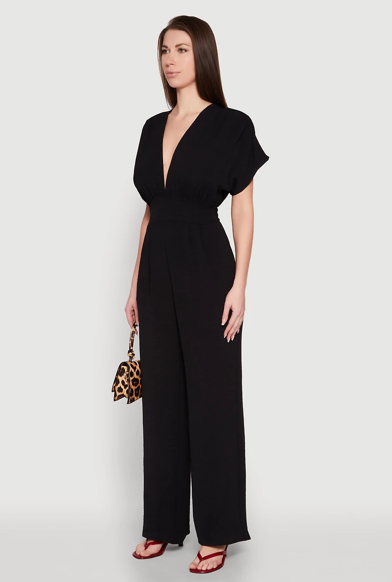Womens Airy Dolman Sleeve Plunge Jumpsuit, Black, Size S