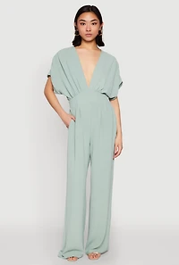 Womens Airy Dolman Sleeve Plunge Jumpsuit, Green, Size S