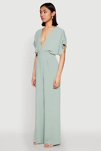 Womens Airy Dolman Sleeve Plunge Jumpsuit, Green, Size S