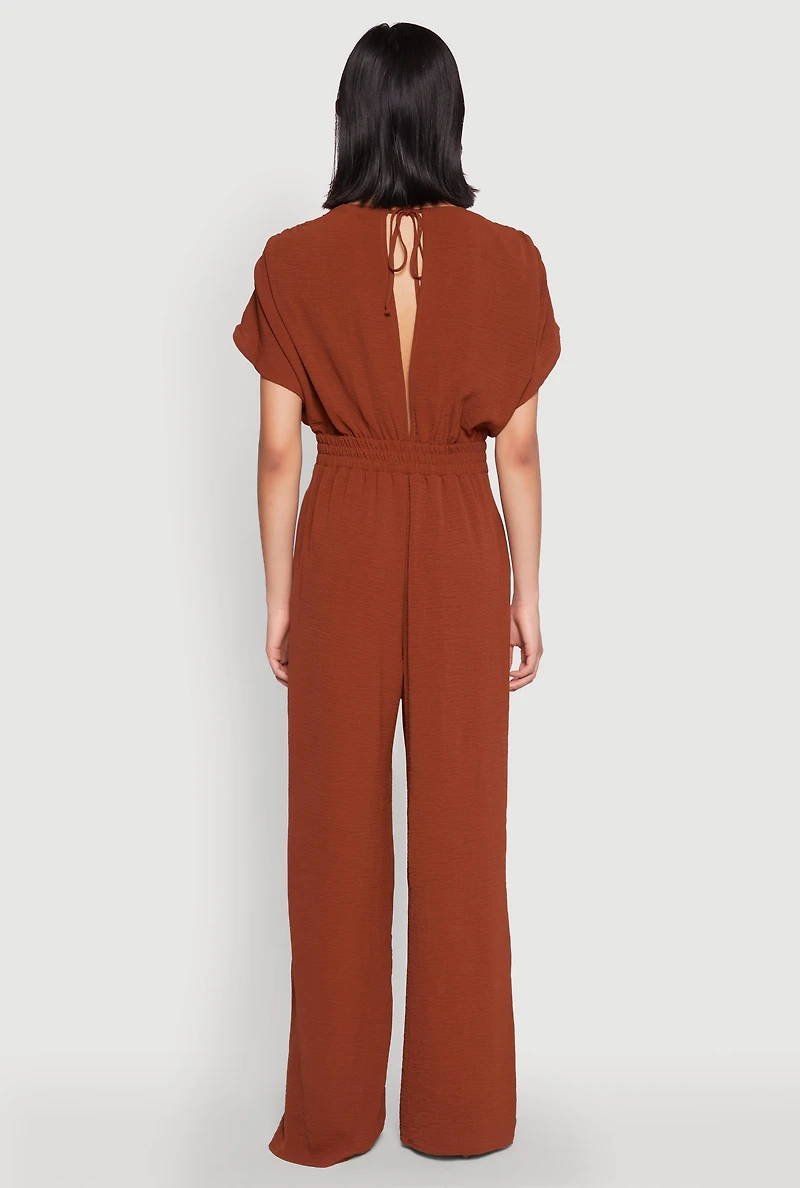 Womens Airy Dolman Sleeve Plunge Jumpsuit, Brown, Size M