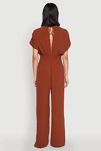 Womens Airy Dolman Sleeve Plunge Jumpsuit, Brown, Size M