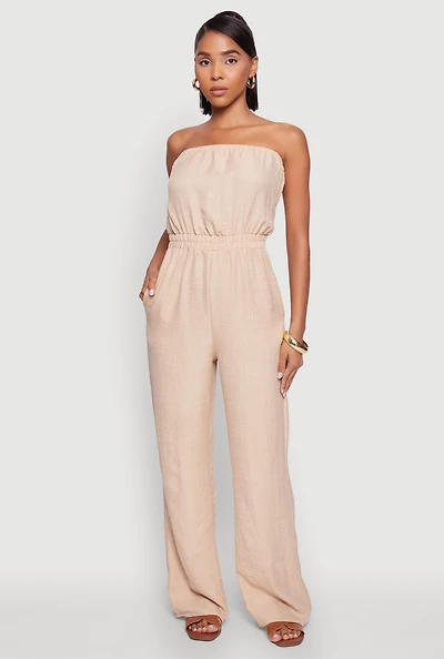 Womens Trendy Strapless Wide-Leg Jumpsuit, Beige, Size S