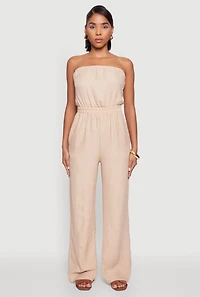 Womens Trendy Strapless Wide-Leg Jumpsuit, Beige, Size S