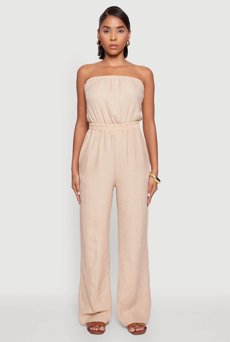 Womens Trendy Strapless Wide-Leg Jumpsuit, Beige,