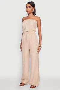 Womens Trendy Strapless Wide-Leg Jumpsuit, Beige, Size S