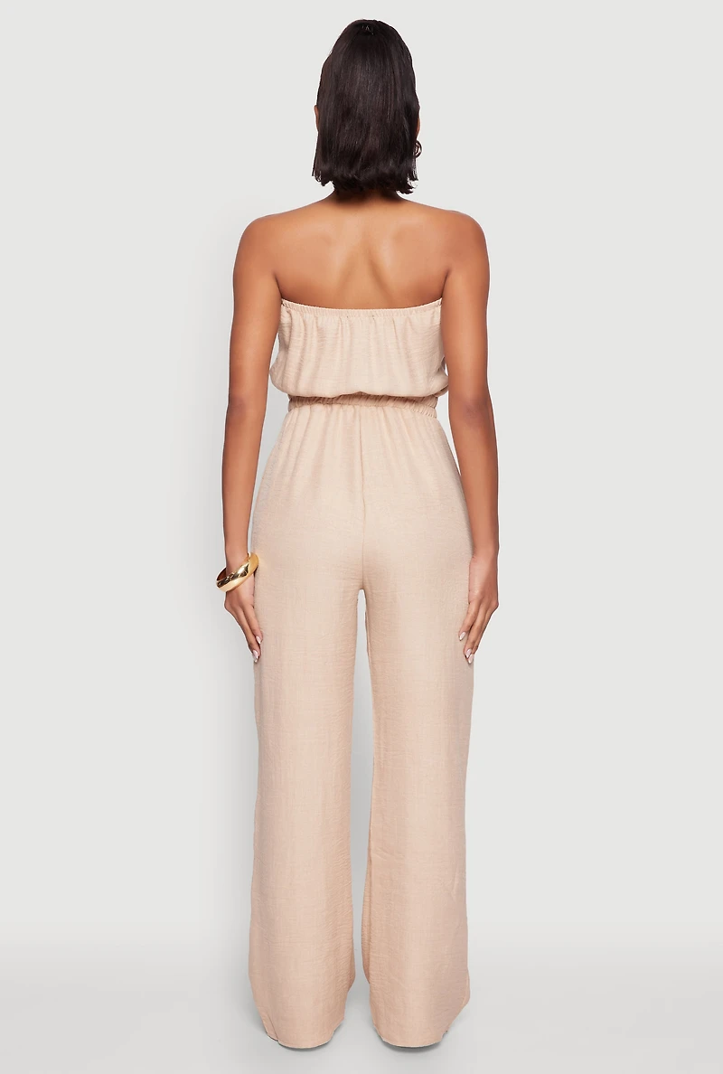 Womens Trendy Strapless Wide-Leg Jumpsuit, Beige,