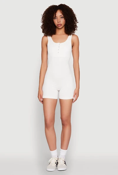 Womens Seamless Snap Button Front Biker Romper, White, Size S-M