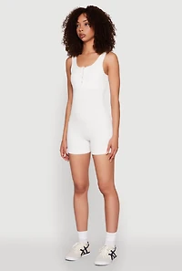 Womens Seamless Snap Button Front Biker Romper, White, Size S-M