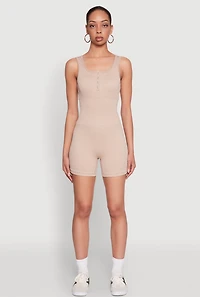 Womens Seamless Snap Button Front Biker Romper, Beige, Size M-L